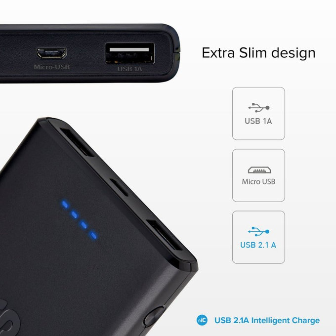 PowerBank 10 000 mAh, 2x USB, 2,1A | μαύρο | black | SBS