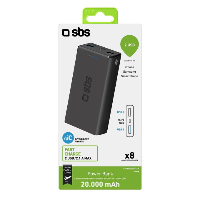 PowerBank 20 000 mAh, 2x USB, 2,1A | μαύρο | black | SBS