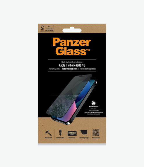 Προστατευτικό Γυαλί για iPhone 13, 13 Pro, 14, Case Friendly Privacy AB, Μαύρο, Black, PanzerGlass