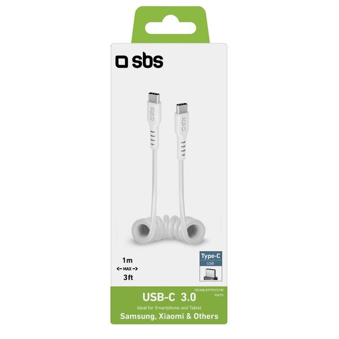 Καλώδιο USB-C / USB-C (1m), ελατηρίου | Λευκό | White | SBS