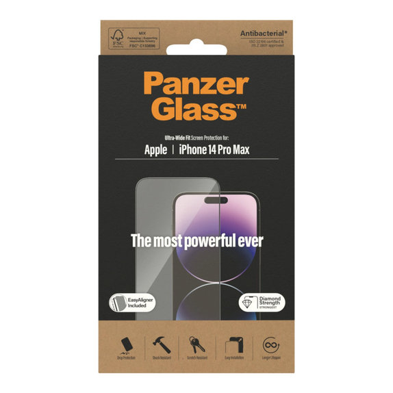 Προστατευτικό γυαλί UWF AB με εφαρμογέα για iPhone 14 Pro Max, Μαύρο, PanzerGlass