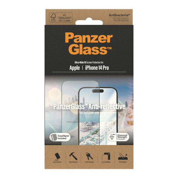 Προστατευτικό γυαλί UWF Anti-Reflective AB με εφαρμογέα για iPhone 14 Pro, Μαύρο, PanzerGlass