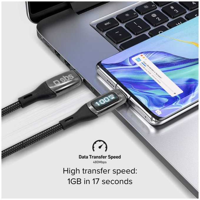 Καλώδιο USB-C / USB-C με LCD & PowerDelivery 100W (1m) | Μαύρο | Black | SBS