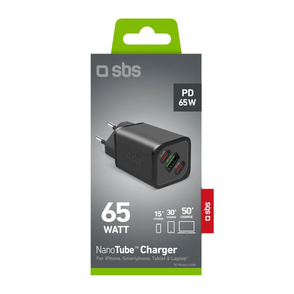 Ταξιδιωτικός αντάπτορας NanoTube 2x USB-C/USB-A, GaN, 65 W PD, μαύρο, SBS