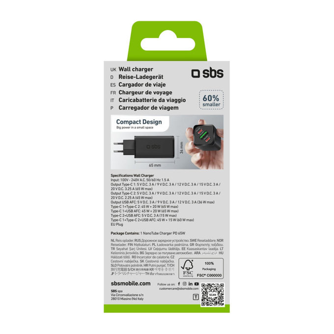 Ταξιδιωτικός αντάπτορας NanoTube 2x USB-C/USB-A, GaN, 65 W PD, μαύρο, SBS