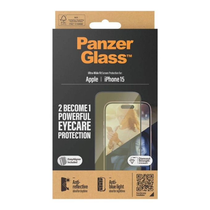 Προστατευτικό γυαλί UWF Eyecare με εφαρμογέα για iPhone 15, Μαύρο, PanzerGlass