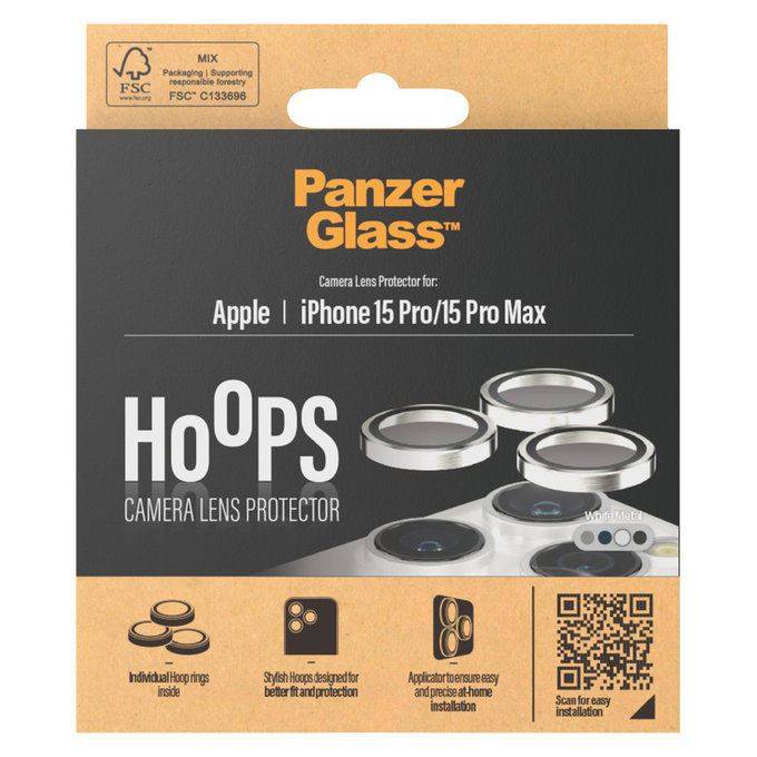 Προστατευτικό φακού κάμερας Hoops για iPhone 15 Pro/15 Pro Max, White Metal, PanzerGlass