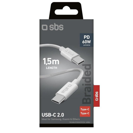 SBS - Πλεχτό καλώδιο USB-C/USB-C, PD, 60W, 2m, λευκό