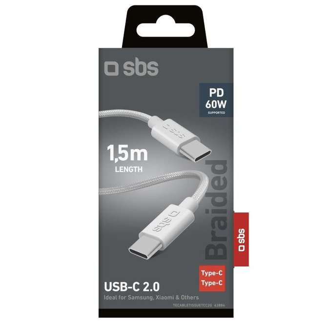 SBS - Πλεχτό καλώδιο USB-C/USB-C, PD, 60W, 2m, λευκό