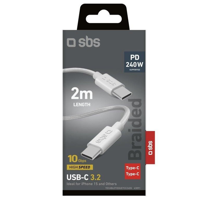 SBS - Πλεχτό καλώδιο USB-C/USB-C, PD, 240W, 2m, λευκό