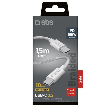 SBS - Πλεχτό καλώδιο USB-C/USB-C, PD, 100W, 1.5m, λευκό