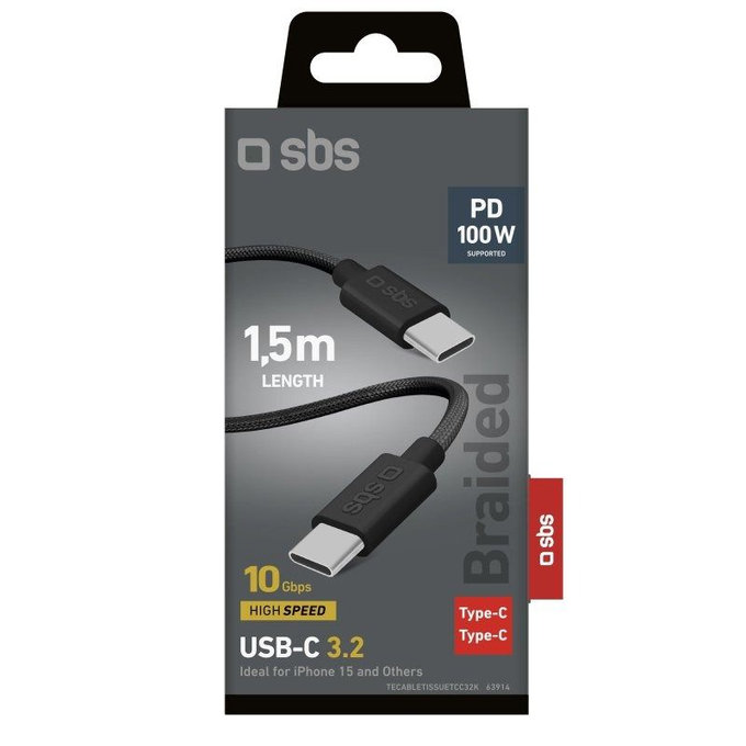 SBS - Πλεχτό καλώδιο USB-C/USB-C, PD, 100W, 1.5m, μαύρο