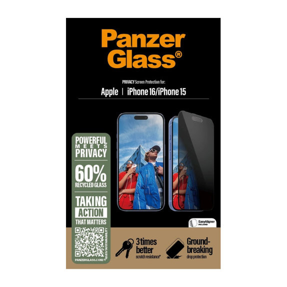 Σκληρυμένο γυαλί UWF Privacy με εφαρμογέα για iPhone 16/15, Μαύρο, PanzerGlass