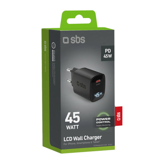 Ταξιδιωτικός αντάπτορας LCD USB-C, GaN, 45 W PD, μαύρο, SBS