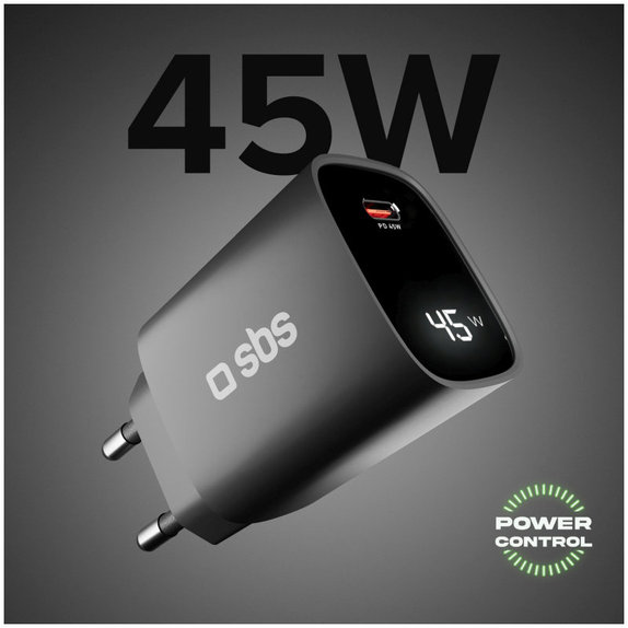 Ταξιδιωτικός αντάπτορας LCD USB-C, GaN, 45 W PD, μαύρο, SBS
