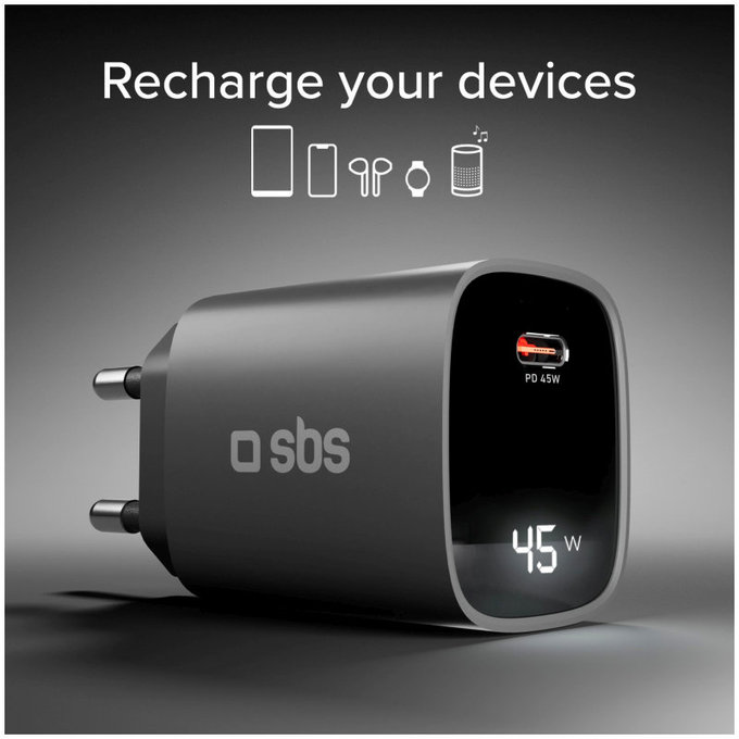 Ταξιδιωτικός αντάπτορας LCD USB-C, GaN, 45 W PD, μαύρο, SBS