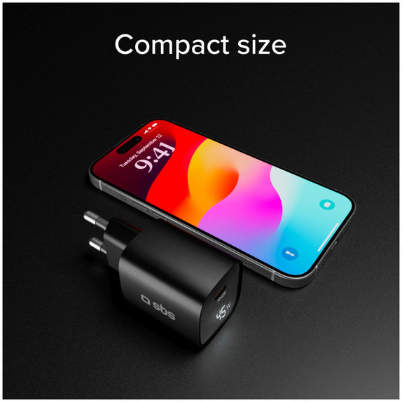 Ταξιδιωτικός αντάπτορας LCD USB-C, GaN, 45 W PD, μαύρο, SBS