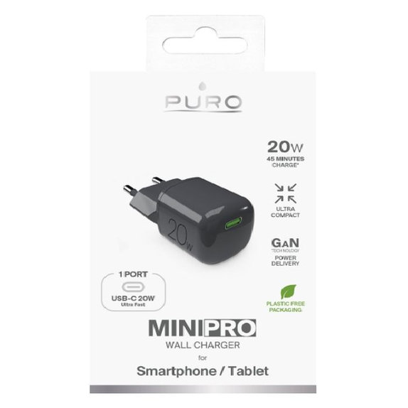Αντάπτορας Φόρτισης MiniPro USB-C GaN 20W | Μαύρο Oyster | Black Oyster | PURO
