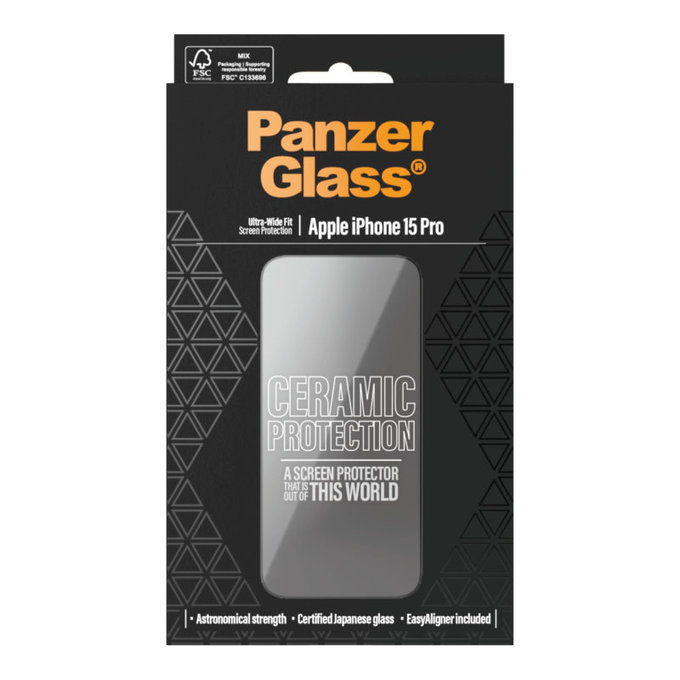 Προστατευτικό γυαλί UWF Ceramic με εφαρμογέα για iPhone 15 Pro, Μαύρο, PanzerGlass