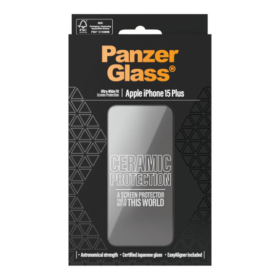 Προστατευτικό γυαλί UWF Ceramic με εφαρμογέα για iPhone 15 Plus, Μαύρο, PanzerGlass