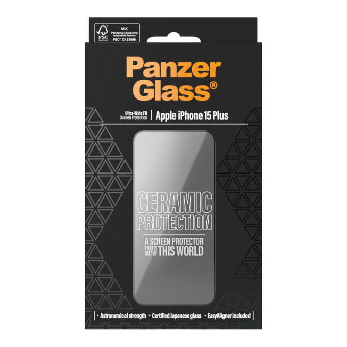 Προστατευτικό γυαλί UWF Ceramic με εφαρμογέα για iPhone 15 Plus, Μαύρο, PanzerGlass