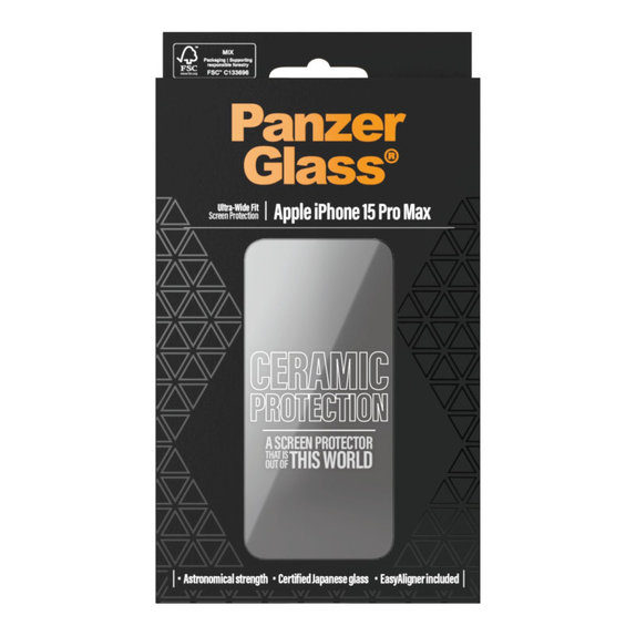 Προστατευτικό γυαλί UWF Ceramic με εφαρμογέα για iPhone 15 Pro Max, Μαύρο, PanzerGlass