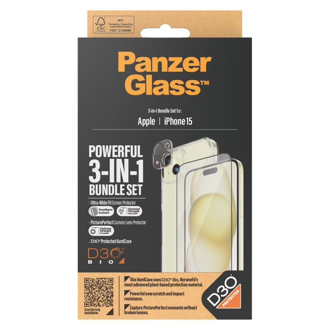 Bundle PicturePerfect + Σκληρυμένο γυαλί UWF + Hard Case D3O για iPhone 15, PanzerGlass