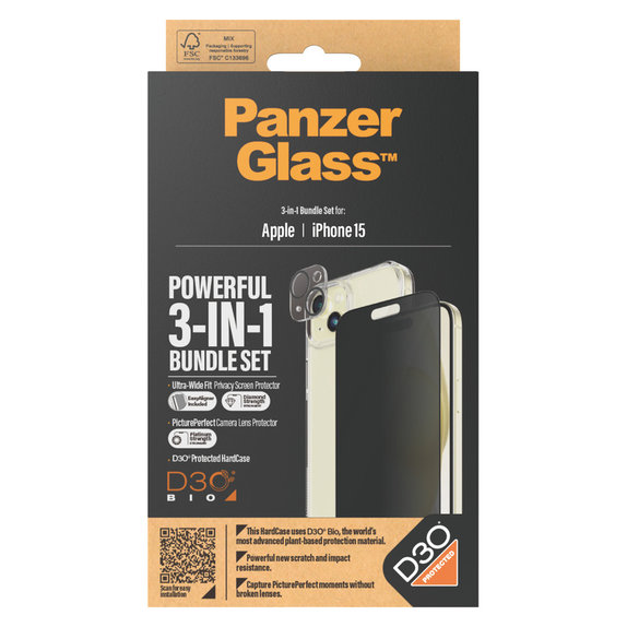 Bundle PicturePerfect + Σκληρυμένο γυαλί UWF Privacy + Hard Case D3O για iPhone 15, PanzerGlass