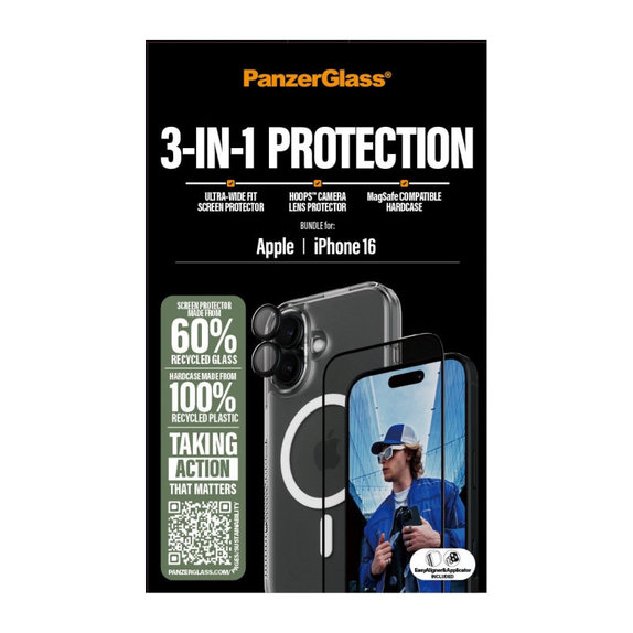 Bundle 3 σε 1 Hoops + Σκληρυμένο γυαλί UWF + Hard Case για iPhone 16, PanzerGlass