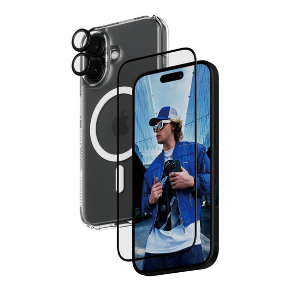 Bundle 3 σε 1 Hoops + Σκληρυμένο γυαλί UWF + Hard Case για iPhone 16, PanzerGlass