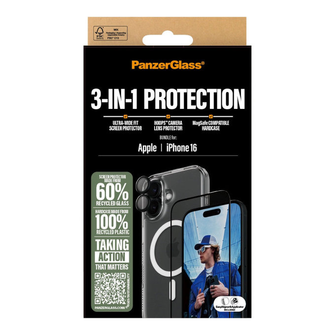 Bundle 3 σε 1 Hoops + Σκληρυμένο γυαλί UWF + Hard Case για iPhone 16, PanzerGlass