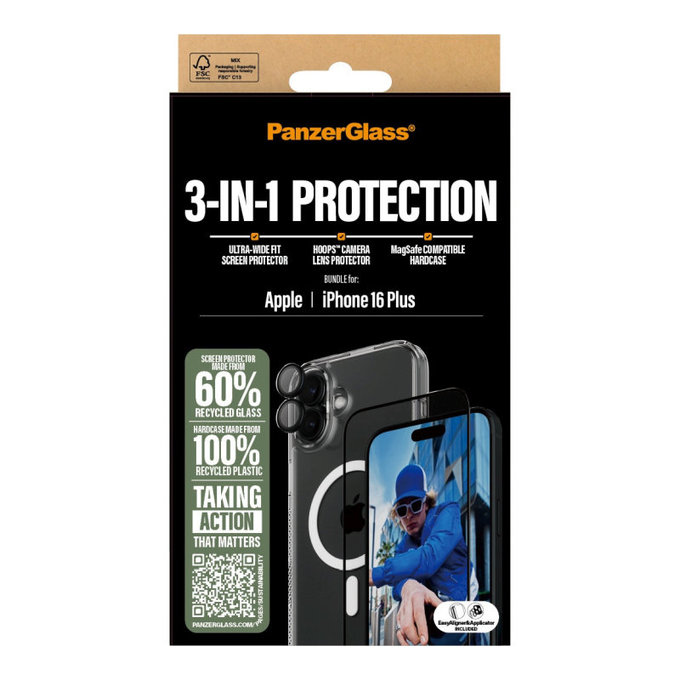 Bundle Hoops + Σκληρυμένο γυαλί UWF + Hard Case για iPhone 16 Plus, PanzerGlass