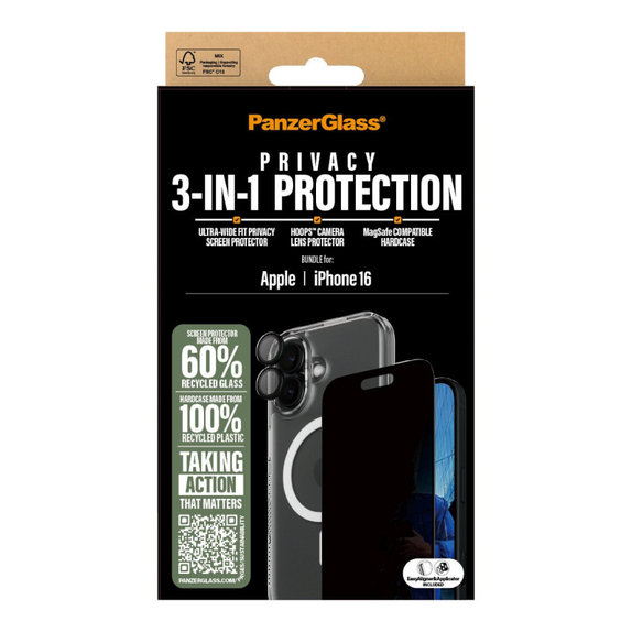 Bundle Hoops + Σκληρυμένο γυαλί UWF Privacy + Hard Case για iPhone 16, PanzerGlass