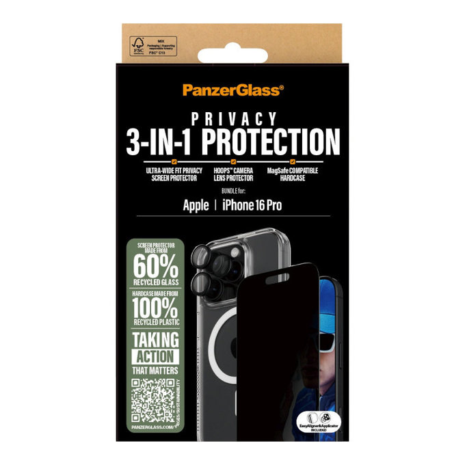 Bundle Hoops + Σκληρυμένο γυαλί UWF Privacy + Hard Case για iPhone 16 Pro, PanzerGlass