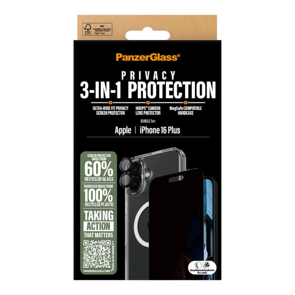 Bundle Hoops + Σκληρυμένο γυαλί UWF Privacy + Hard Case για iPhone 16 Plus, PanzerGlass