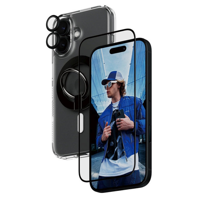 Bundle Hoops + Σκληρυμένο γυαλί UWF + Hard Case + Magnetic Ring Mount για iPhone 16, PanzerGlass