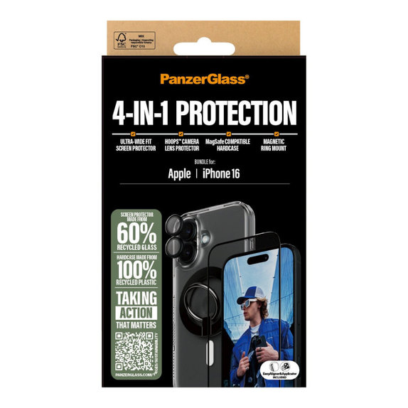 Bundle Hoops + Σκληρυμένο γυαλί UWF + Hard Case + Magnetic Ring Mount για iPhone 16, PanzerGlass