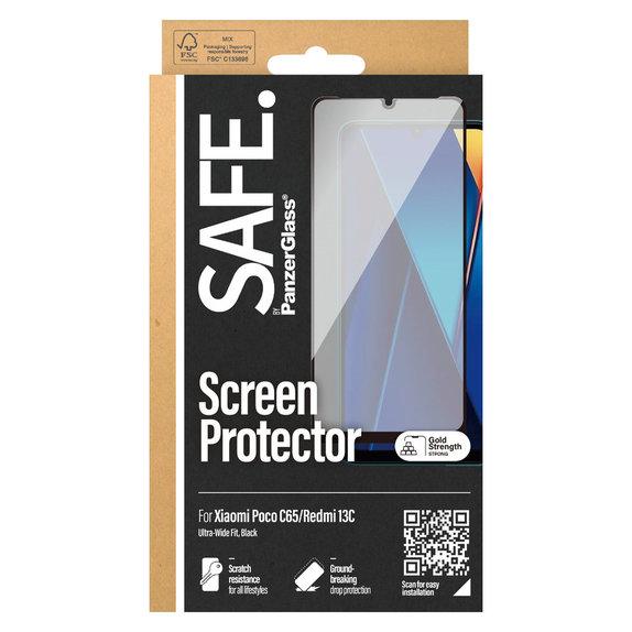 Σκληρυμένο γυαλί UWF για Xiaomi Redmi 13C 5G, Μαύρο, SAFE by PanzerGlass