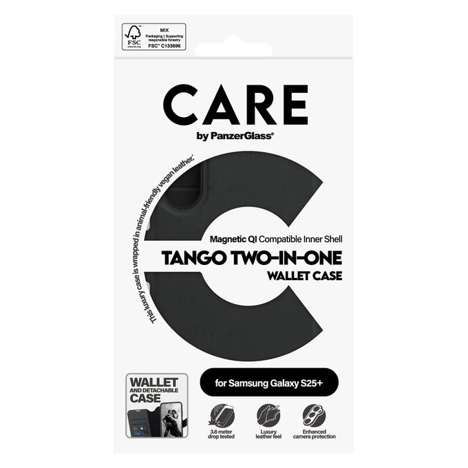 Θήκη Wallet Tango Two-In-One με QI για Samsung Galaxy S25+, Μαύρο, PanzerGlass