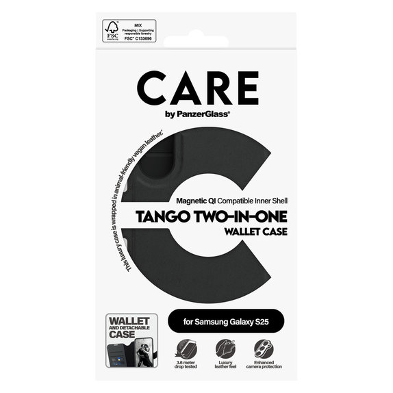 Θήκη Wallet Tango Two-In-One με QI για Samsung Galaxy S25, Μαύρο, PanzerGlass