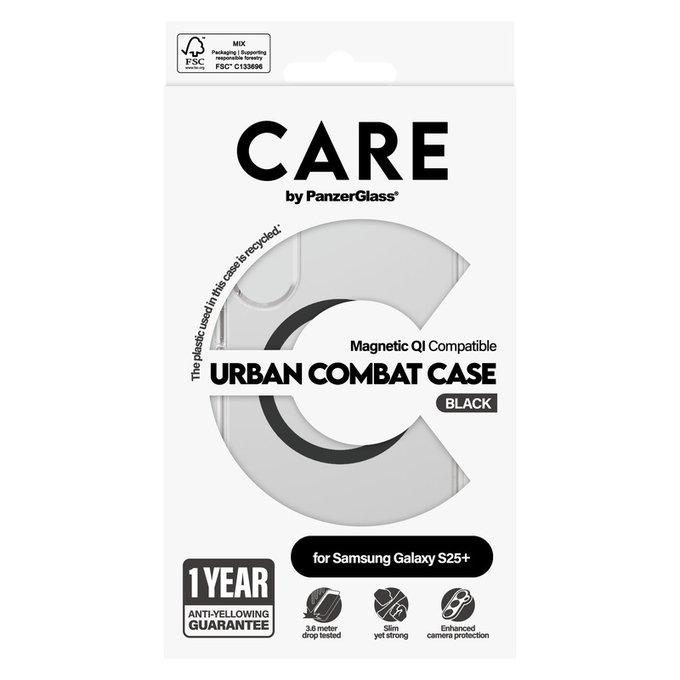 Θήκη Urban Combat με μαύρο QI για Samsung Galaxy S25+, Διάφανο, PanzerGlass