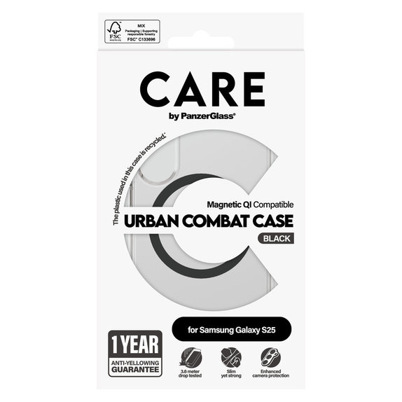 Θήκη Urban Combat με μαύρο QI για Samsung Galaxy S25, Διάφανο, PanzerGlass