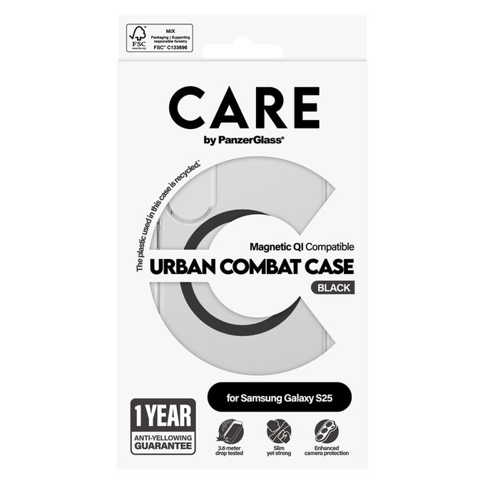Θήκη Urban Combat με μαύρο QI για Samsung Galaxy S25, Διάφανο, PanzerGlass