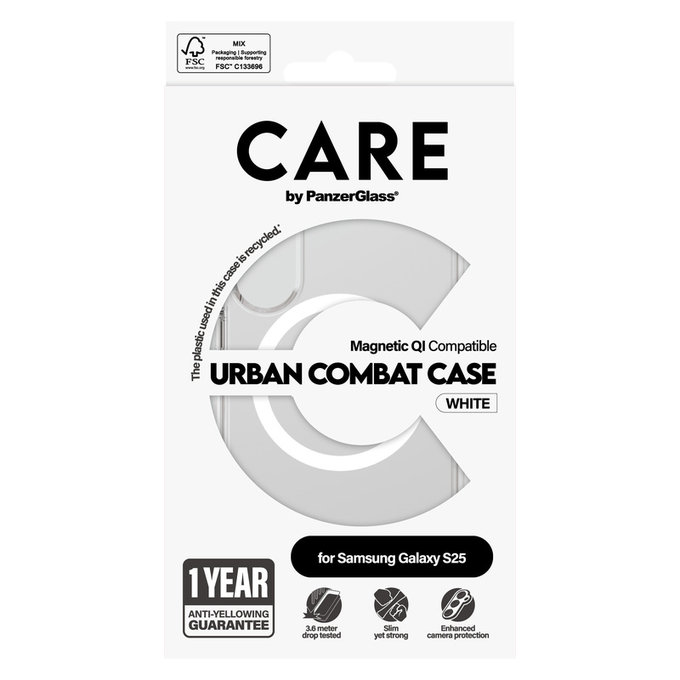 Θήκη Urban Combat με λευκό QI για Samsung Galaxy S25, Διάφανο, PanzerGlass