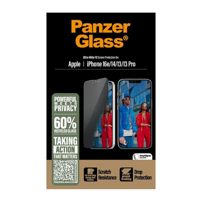 Σκληρυμένο γυαλί UWF Privacy με εφαρμογέα για iPhone 17e/16e/14/13/13 Pro, Μαύρο, PanzerGlass