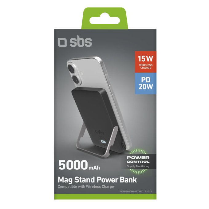 SBS - PowerBank 5000mAh, 20W, Power Delivery, Mag Stand, μαύρο