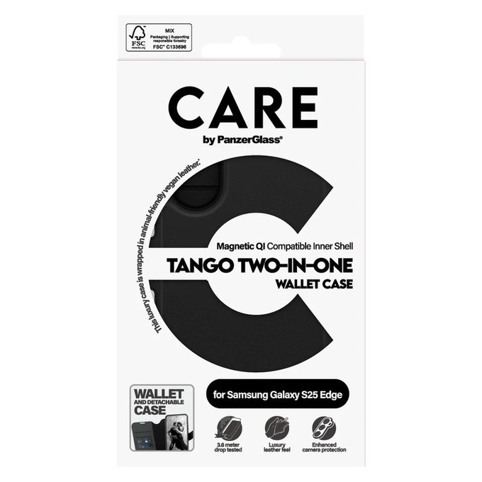 Θήκη Wallet Tango Two-In-One με QI για Samsung Galaxy S25 Edge, Μαύρο, PanzerGlass