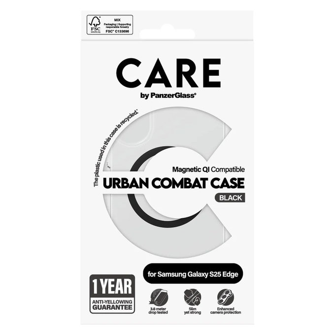 Θήκη Urban Combat με μαύρο QI για Samsung Galaxy S25 Edge, Διάφανο, PanzerGlass