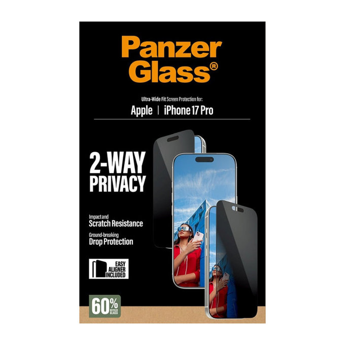 Σκληρυμένο γυαλί UWF 2-Way Privacy με εφαρμογέα για iPhone 17 Pro, Μαύρο, PanzerGlass