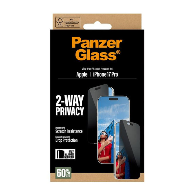 PanzerGlass - Σκληρό γυαλί UWF 2-Way Privacy με εφαρμοστή για iPhone 17 Pro, μαύρο